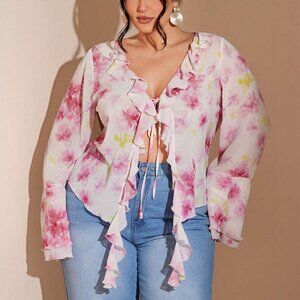 Pink Boho Women's Plus Size Ruffle Floral Chiffon Blouse